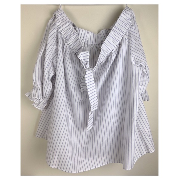 Harshman Coastal Gruner Off Shoulder Linen Blend Top White & Lavender Stripe 3X - Picture 10 of 13